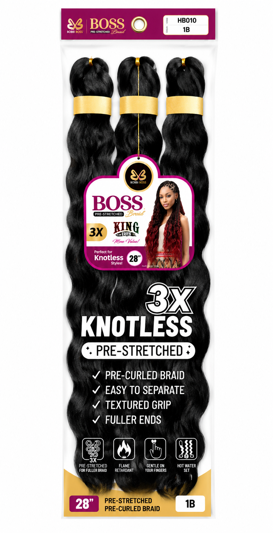 BOSS 3X Knotless Pre-Stretched Braiding Hair – Color 1B (28")